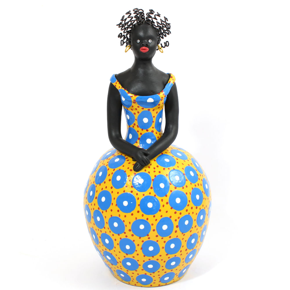 Boneca Vestido Amarelo em barro - Bolas azuis Boneca Vestido Amarelo em barro - Bolas azuis