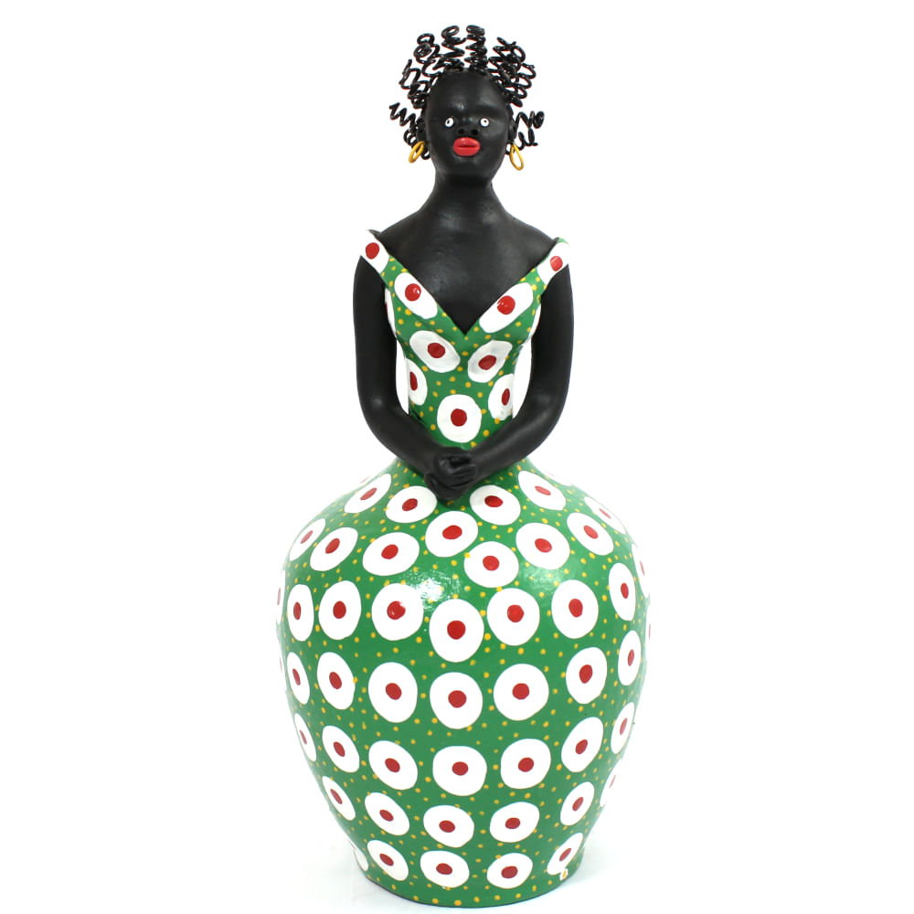 Boneca Vestido Verde em barro - Bolas brancas Boneca Vestido Verde em barro - Bolas brancas