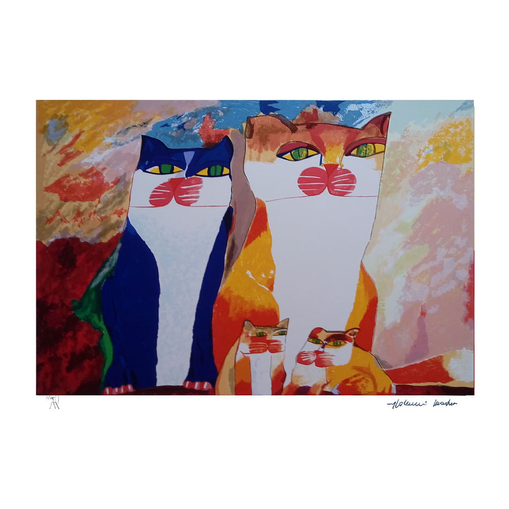 Gravura Família de Gatos Azul e Laranja - Aldemir Martins Gravura Família de Gatos Azul e Laranja - Aldemir Martins