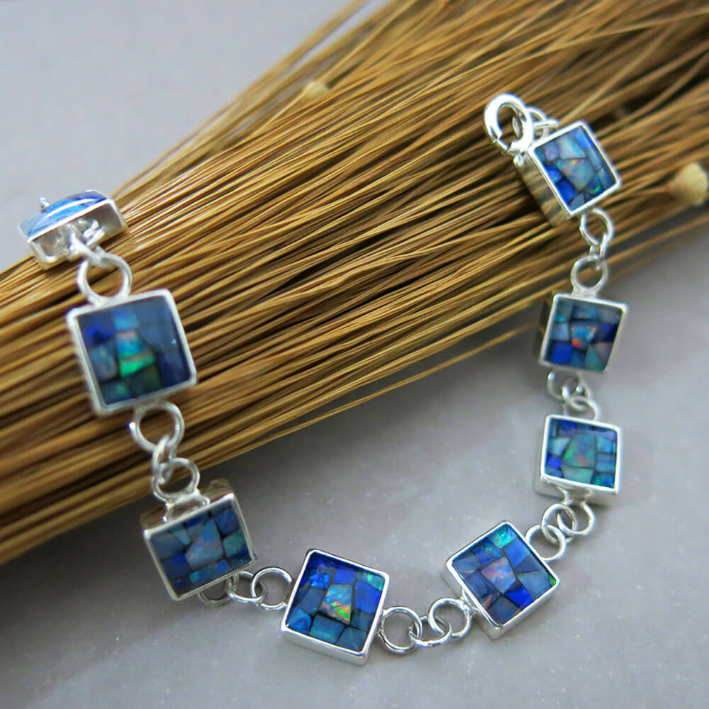 Pulseira de prata e opala azul em mosaico - regulável Pulseira de prata e opala azul em mosaico - regulável
