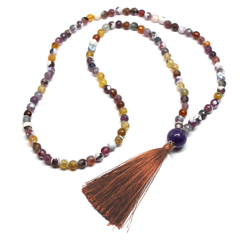Colar Japamala em pedra de Ágata Multicolorida facetada em cordão de nylon e Pingente Colar Japamala em pedra de Ágata Multicolorida facetada em cordão de nylon e Pingente
