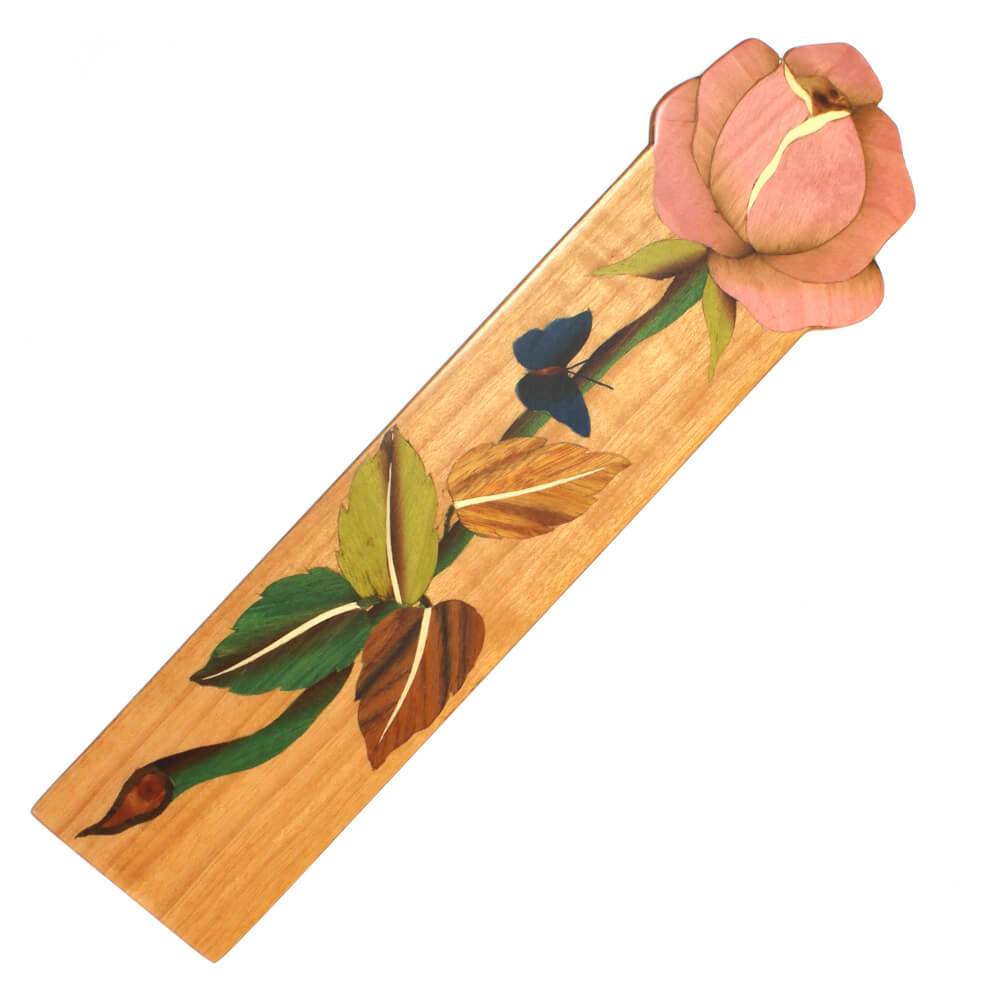 Marcador de página para livro em madeira Marchetada - Rosas cor de rosa Marcador de página para livro em madeira Marchetada - Rosas cor de rosa