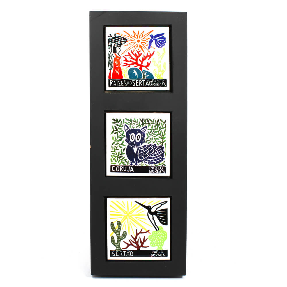 Quadro com 3 azulejos com gravuras de Pablo Borges - Raízes do sertão/Coruja/Sertão Quadro com 3 azulejos com gravuras de Pablo Borges - Raízes do sertão/Coruja/Sertão