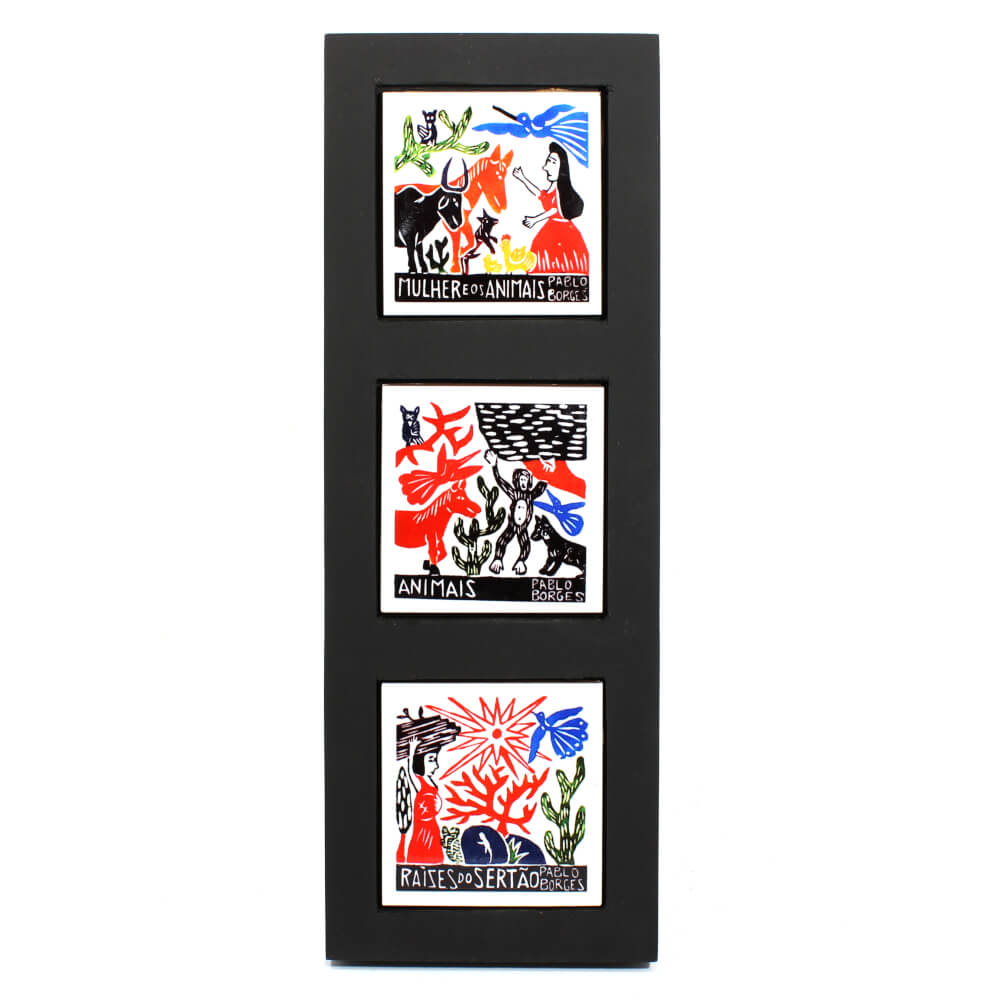 Quadro com 3 azulejos com gravuras de Pablo Borges - Mulher e os animais/Animais/Raízes do sertão Quadro com 3 azulejos com gravuras de Pablo Borges - Mulher e os animais/Animais/Raízes do sertão