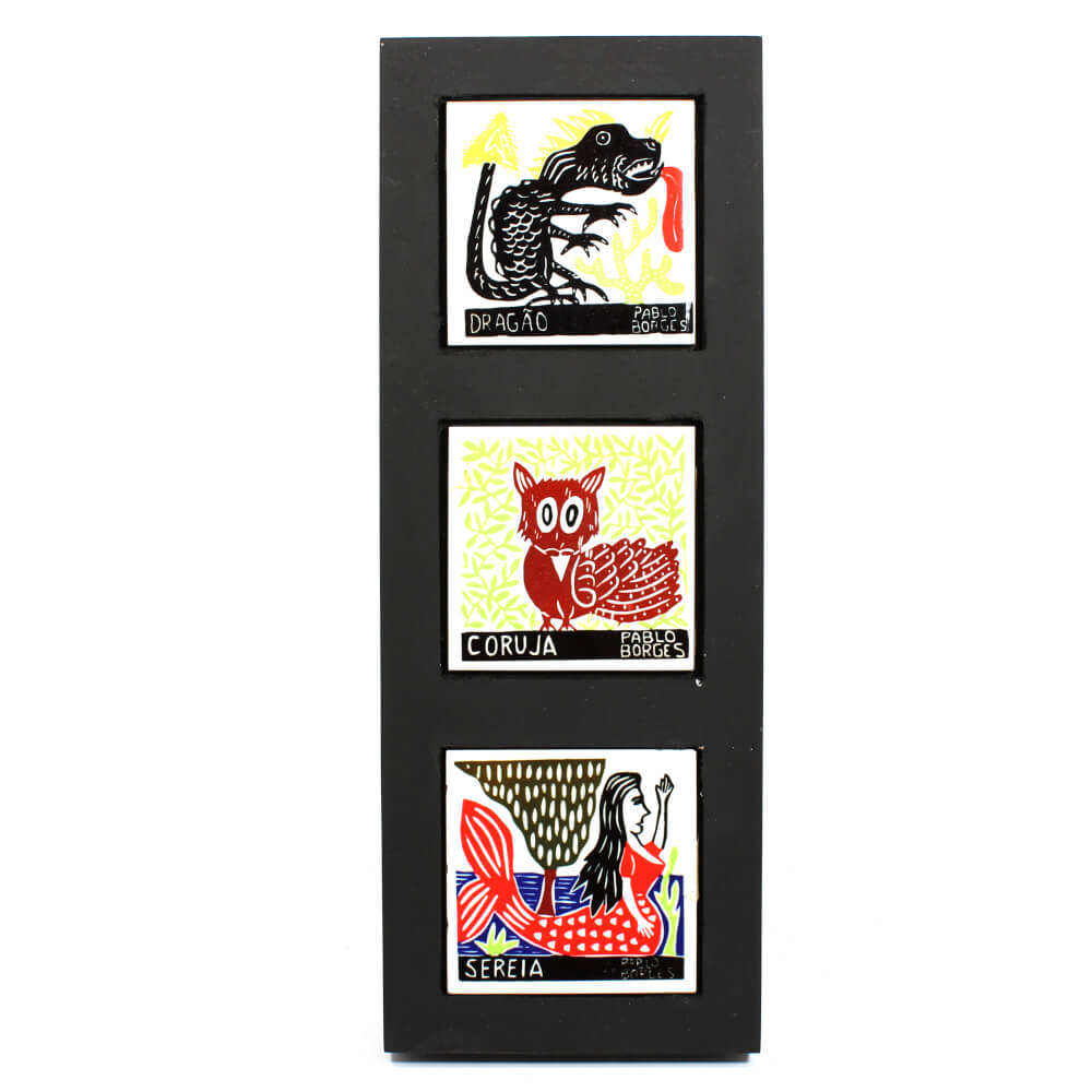 Quadro com 3 azulejos com gravuras de Pablo Borges - Dragão/Coruja/Sereia Quadro com 3 azulejos com gravuras de Pablo Borges - Dragão/Coruja/Sereia