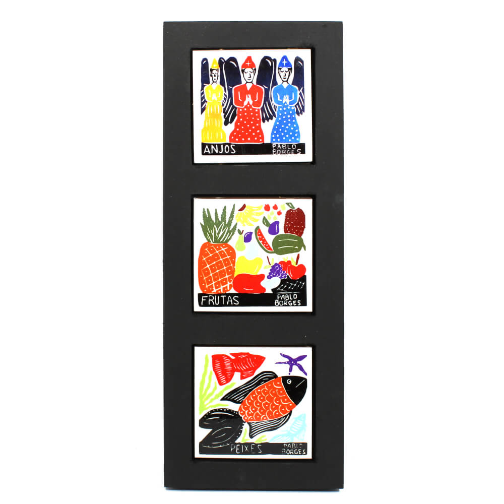 Quadro com 3 azulejos com gravuras de Pablo Borges - Anjos/Frutas/Peixes Quadro com 3 azulejos com gravuras de Pablo Borges - Anjos/Frutas/Peixes