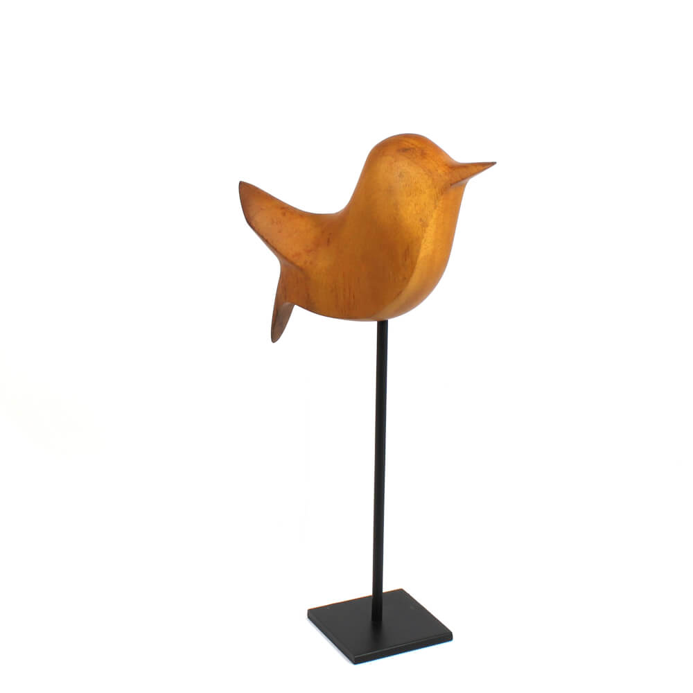 Escultura de pássaro em madeira com pedestal de metal Escultura de pássaro em madeira com pedestal de metal