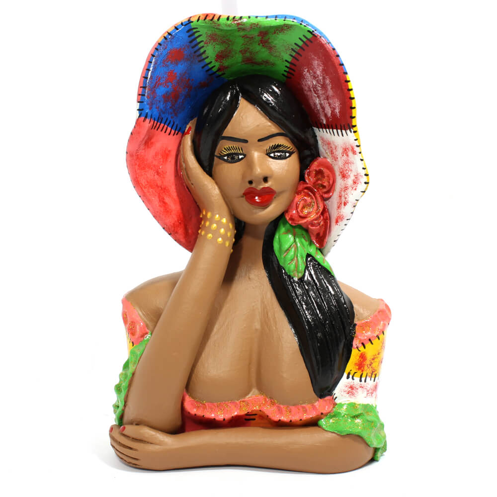 Escultura Namoradeira de cerâmica Chapéu azul e verde - P Escultura Namoradeira de cerâmica Chapéu azul e verde - P